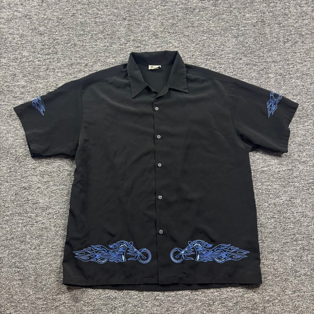 Y2K 2000s Saga Cyber Biker Flame Embroidered Black Button Up Shirt Size Large